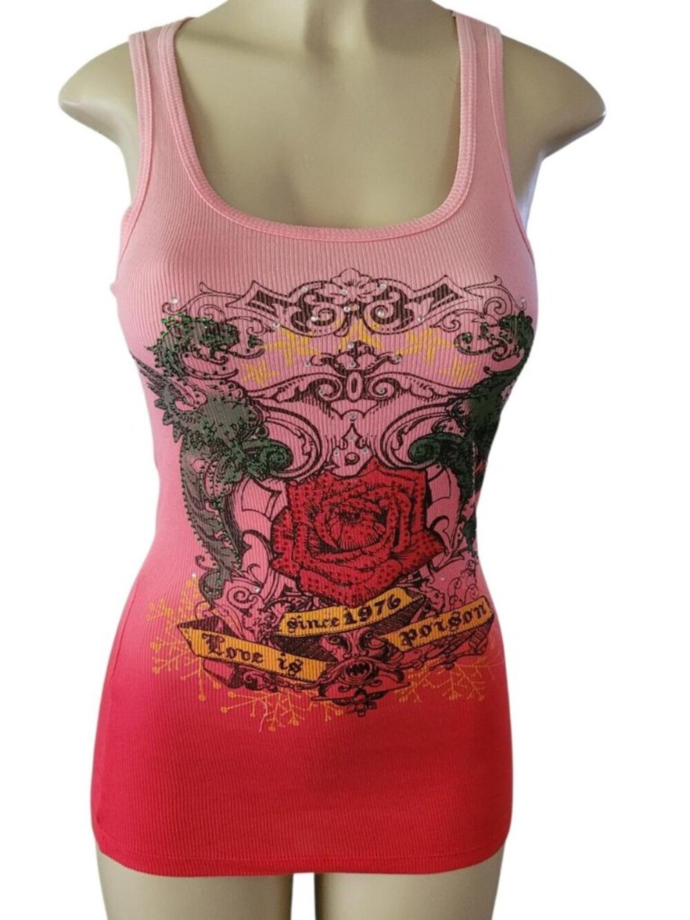 Y2K Vocal Apparel Ombre Pink Red Rose Crystals 100% Cotton Tank Top M